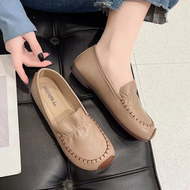 2023 New Women Leather Flat Shoes Retro Ladies Leather Loafers Soft Sole Comfortable Female Casual Flats Mom Oxford Footwear