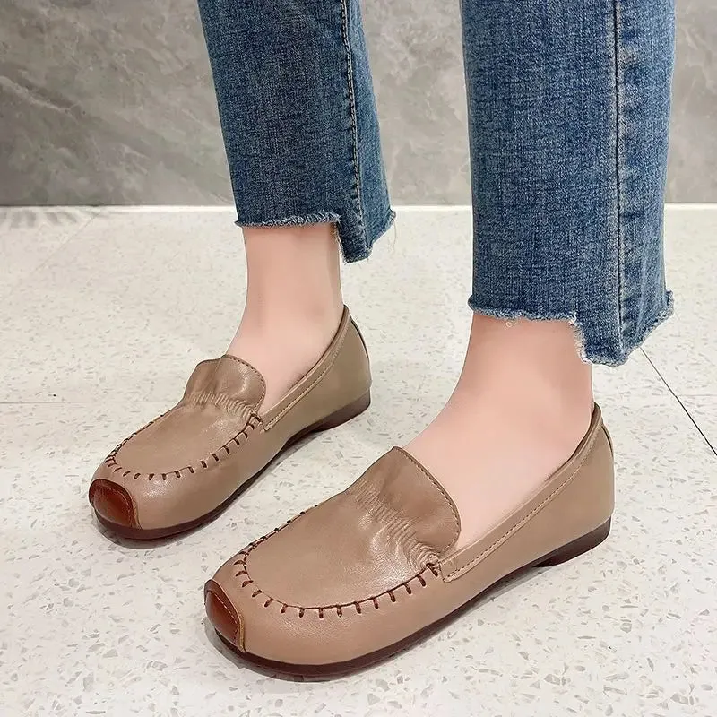 2023 New Women Leather Flat Shoes Retro Ladies Leather Loafers Soft Sole Comfortable Female Casual Flats Mom Oxford Footwear