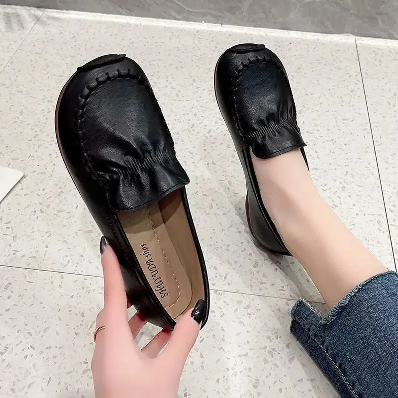 2023 New Women Leather Flat Shoes Retro Ladies Leather Loafers Soft Sole Comfortable Female Casual Flats Mom Oxford Footwear