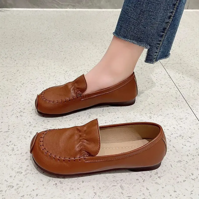 2023 New Women Leather Flat Shoes Retro Ladies Leather Loafers Soft Sole Comfortable Female Casual Flats Mom Oxford Footwear