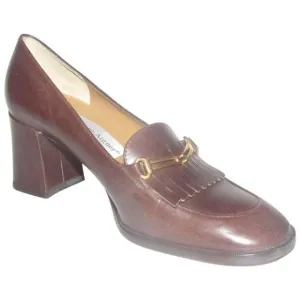 Etienne Aigner Brown Leather 2.5" square heel loafer with a tassel and gold horse-bit accent