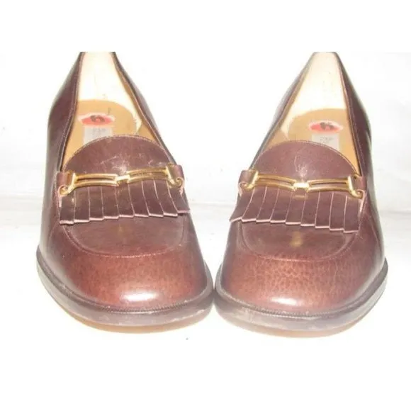 Etienne Aigner Brown Leather 2.5" square heel loafer with a tassel and gold horse-bit accent