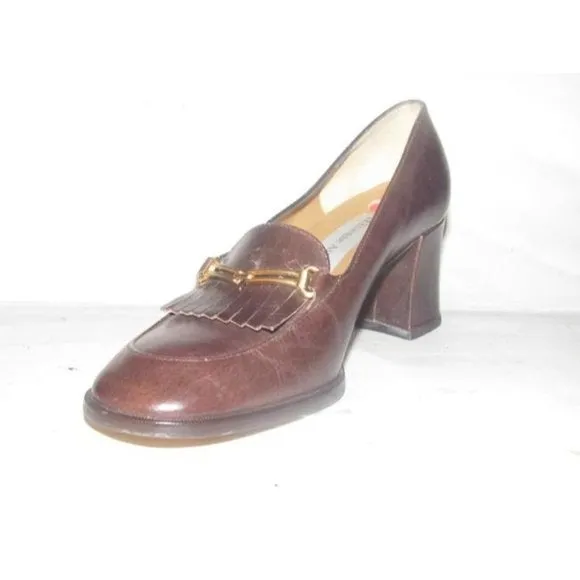 Etienne Aigner Brown Leather 2.5" square heel loafer with a tassel and gold horse-bit accent