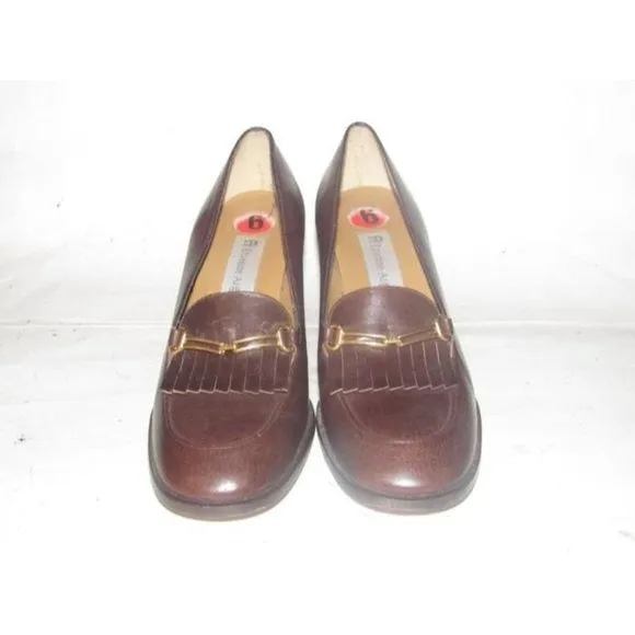 Etienne Aigner Brown Leather 2.5" square heel loafer with a tassel and gold horse-bit accent