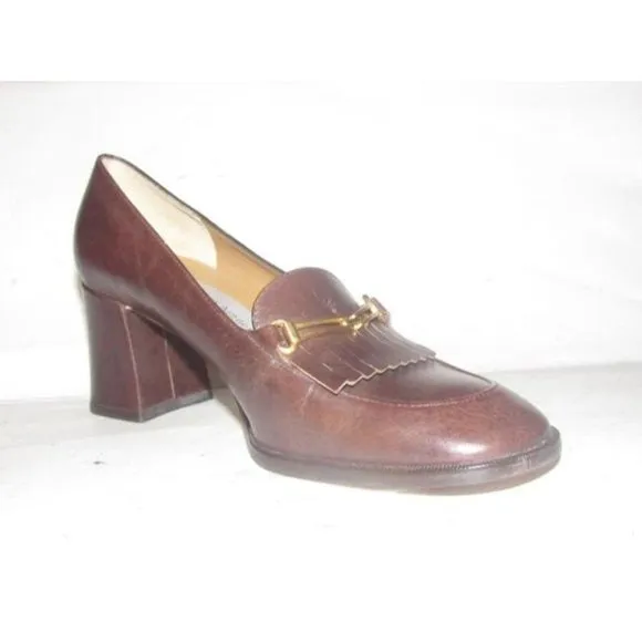 Etienne Aigner Brown Leather 2.5" square heel loafer with a tassel and gold horse-bit accent