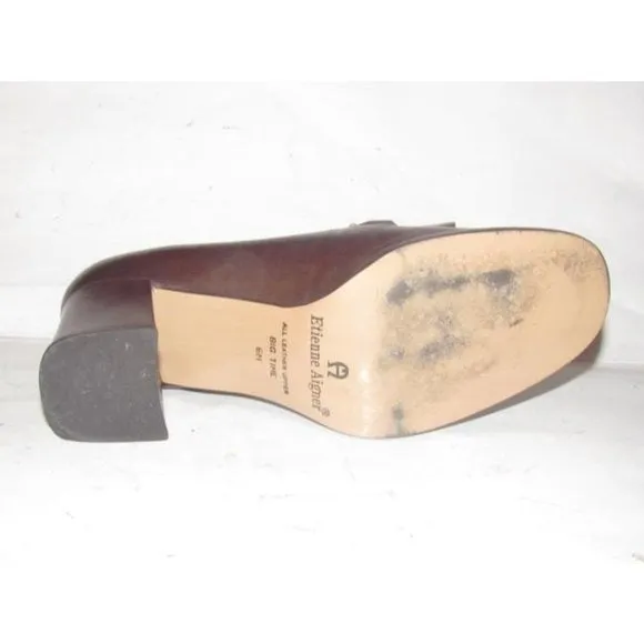 Etienne Aigner Brown Leather 2.5" square heel loafer with a tassel and gold horse-bit accent