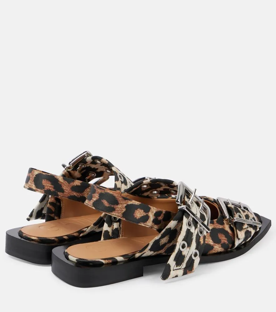 Ganni Leopard-print satin slingback flats