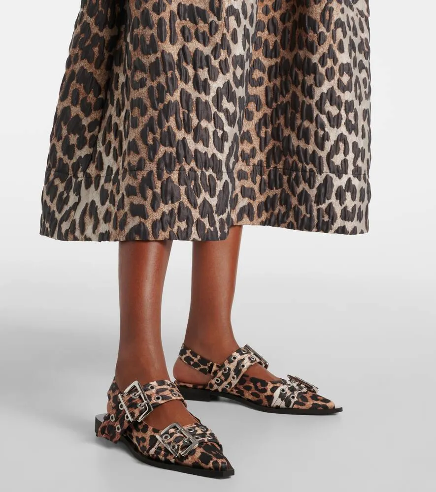 Ganni Leopard-print satin slingback flats