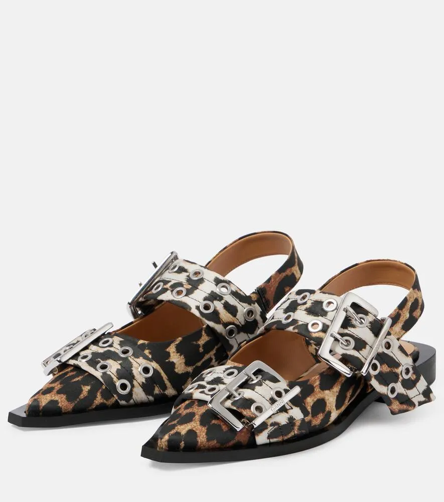 Ganni Leopard-print satin slingback flats