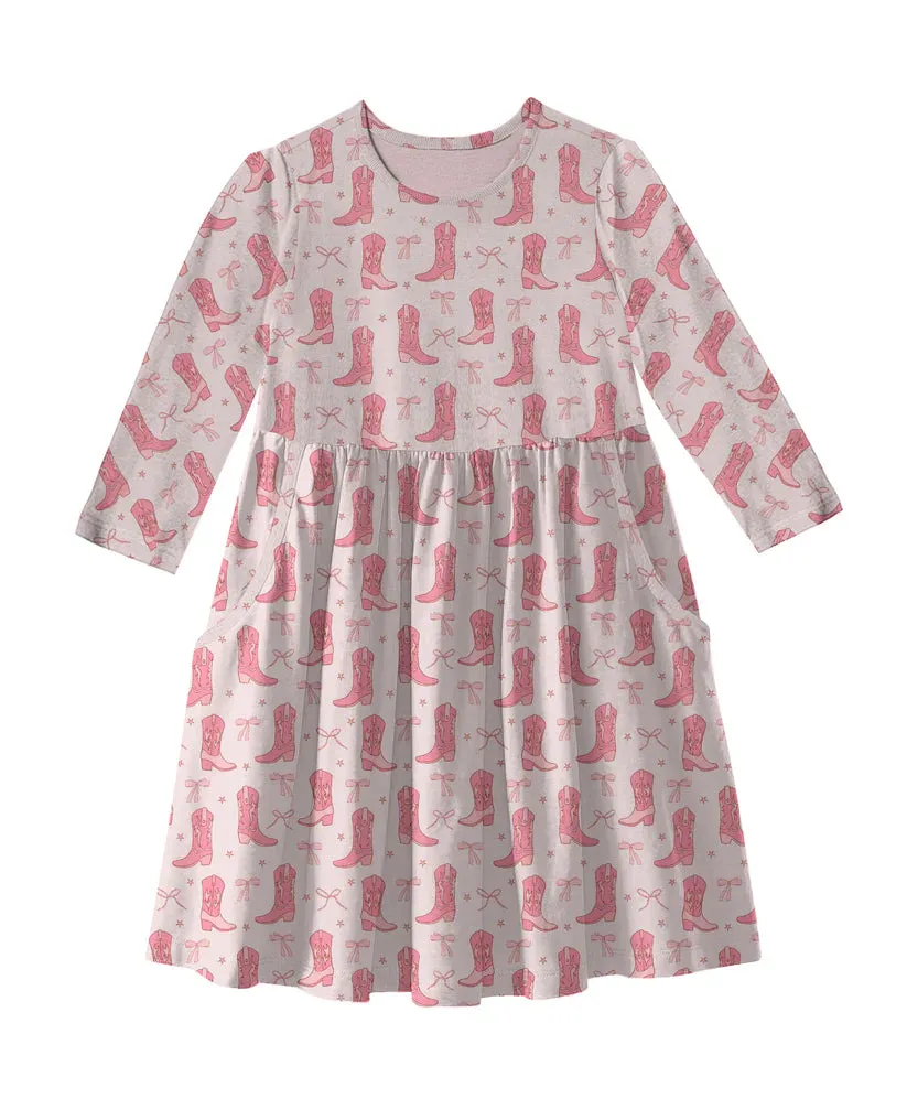 Pink Boots & Bows 3/4 Sleeve Pocket Dress