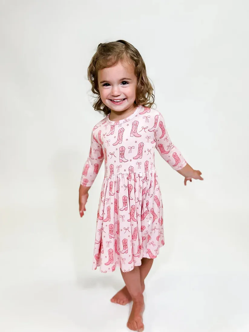 Pink Boots & Bows 3/4 Sleeve Pocket Dress
