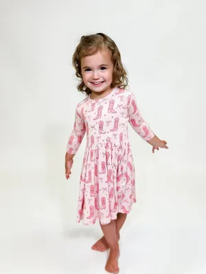 Pink Boots & Bows 3/4 Sleeve Pocket Dress